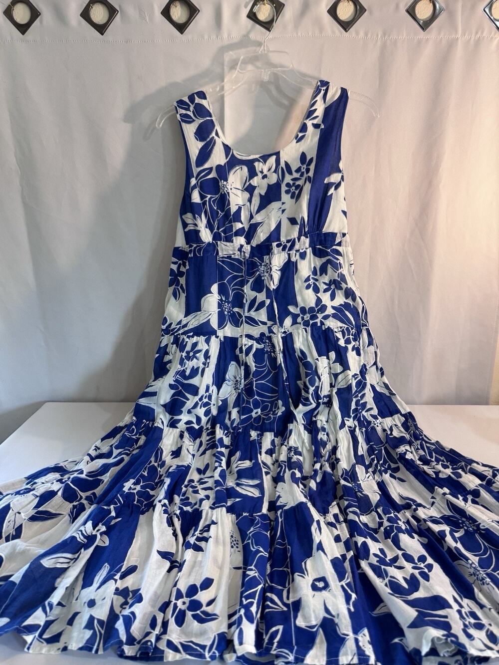 VASNA DESIRE 100% Cotton LONG Dress BLUE & WHITE Sleeveless Floral L INDIA J56